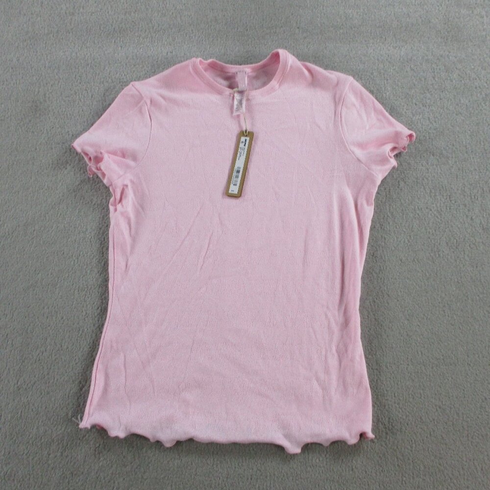 SKIMS Logo Pointelle Shirt Womens XS Cherry Blossom Pink Printed Stretch NWT - Picture 2 of 9